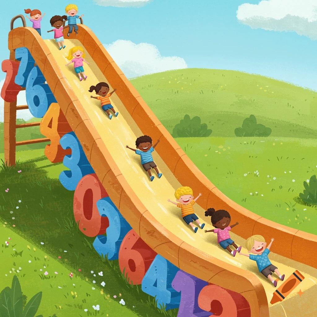 Colorful illustration of diverse children sliding down a large slide made of numbers in a park.