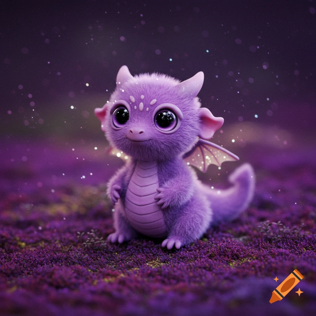 A cute, fluffy purple baby dragon sits on purple moss with sparkling lights in a fantasy setting.