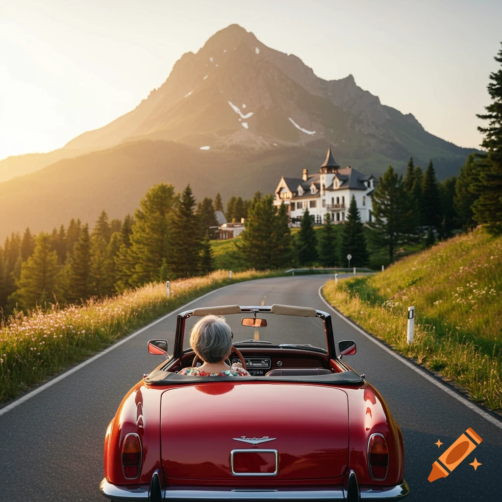 Person drives red convertible up a mountain road towards a white mansion at sunset.