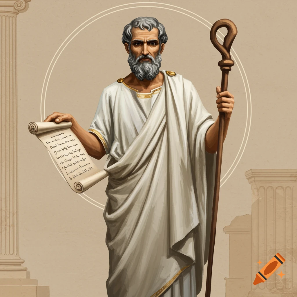 An ancient Greek man in robes, holding a scroll and a staff.