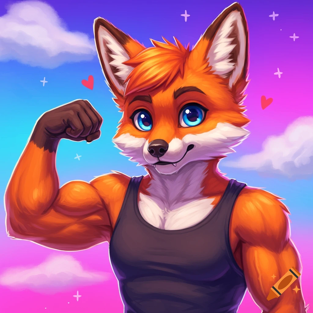 A cute anthropomorphic fox flexing its bicep.