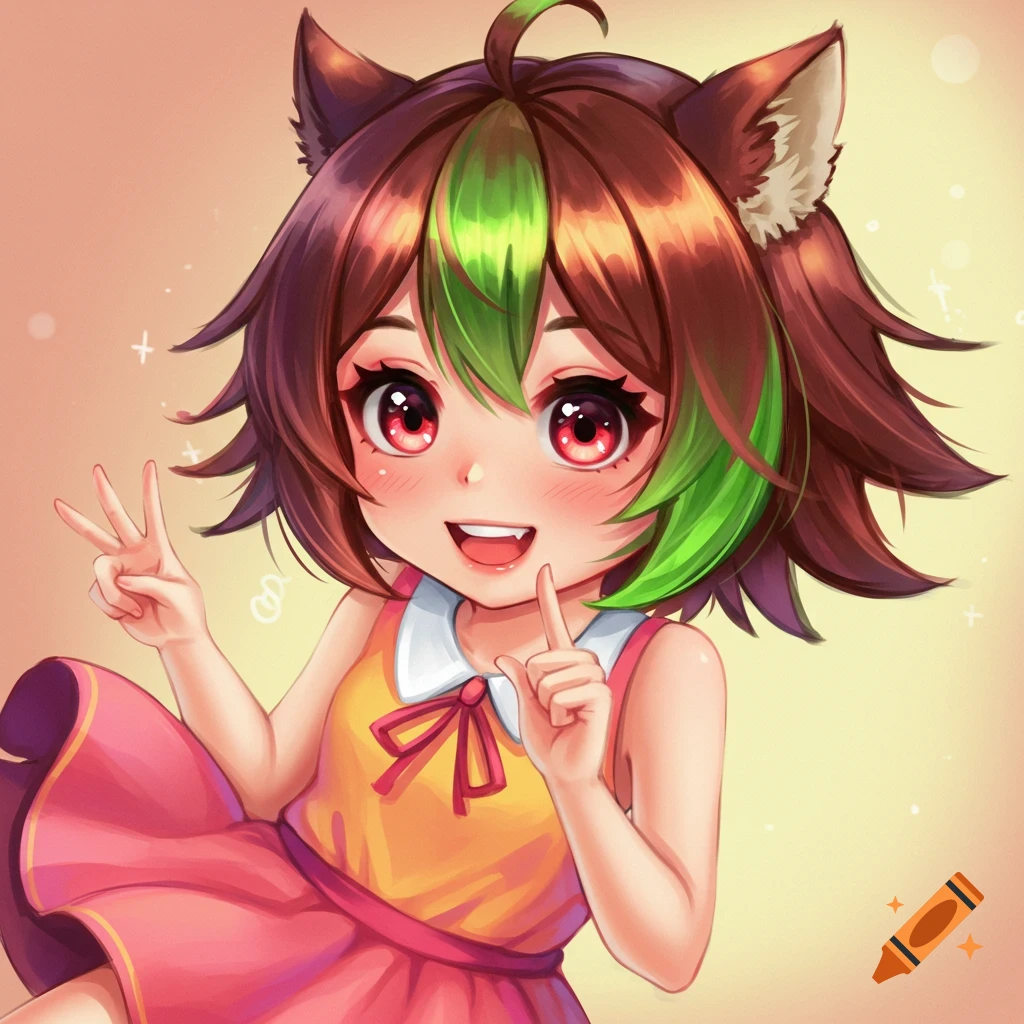 Anime girl with cat ears, red eyes, and green hair in a dress making peace sign