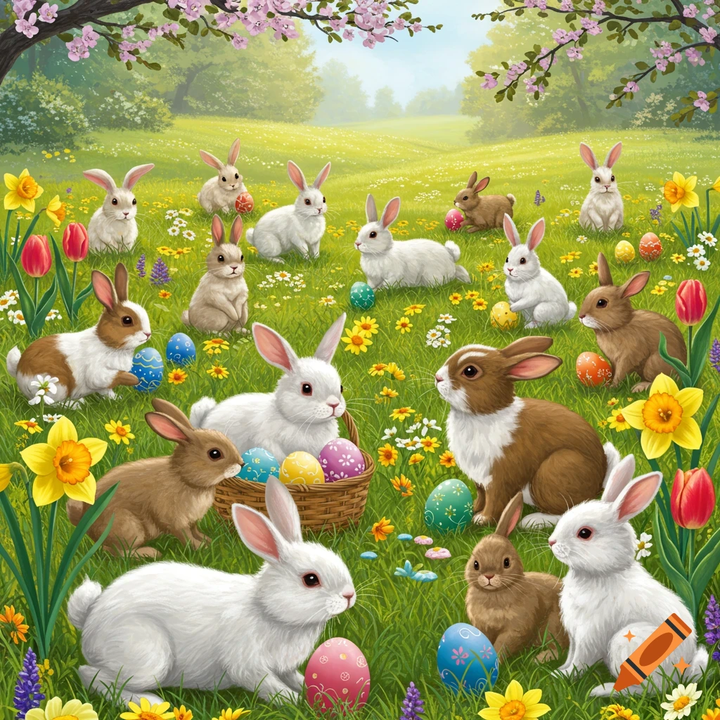 Many bunnies, Easter eggs, and spring flowers in a grassy field.