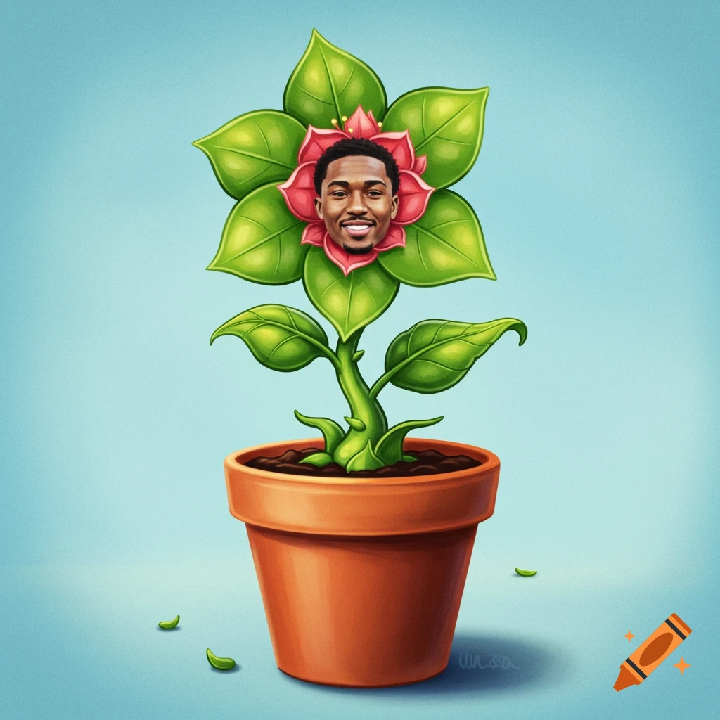 A man's face as the flower in a potted plant.