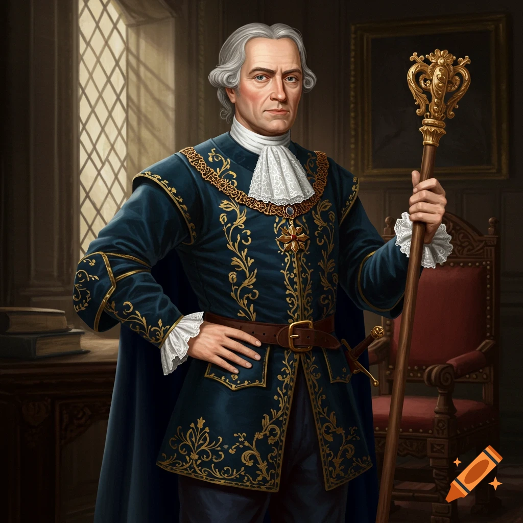 A lord in ornate historical clothing holding a staff in a room.