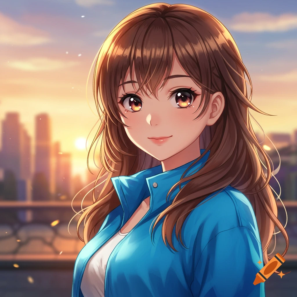 Anime portrait of a girl with brown hair and brown eyes in a blue jacket against a city skyline at sunset.