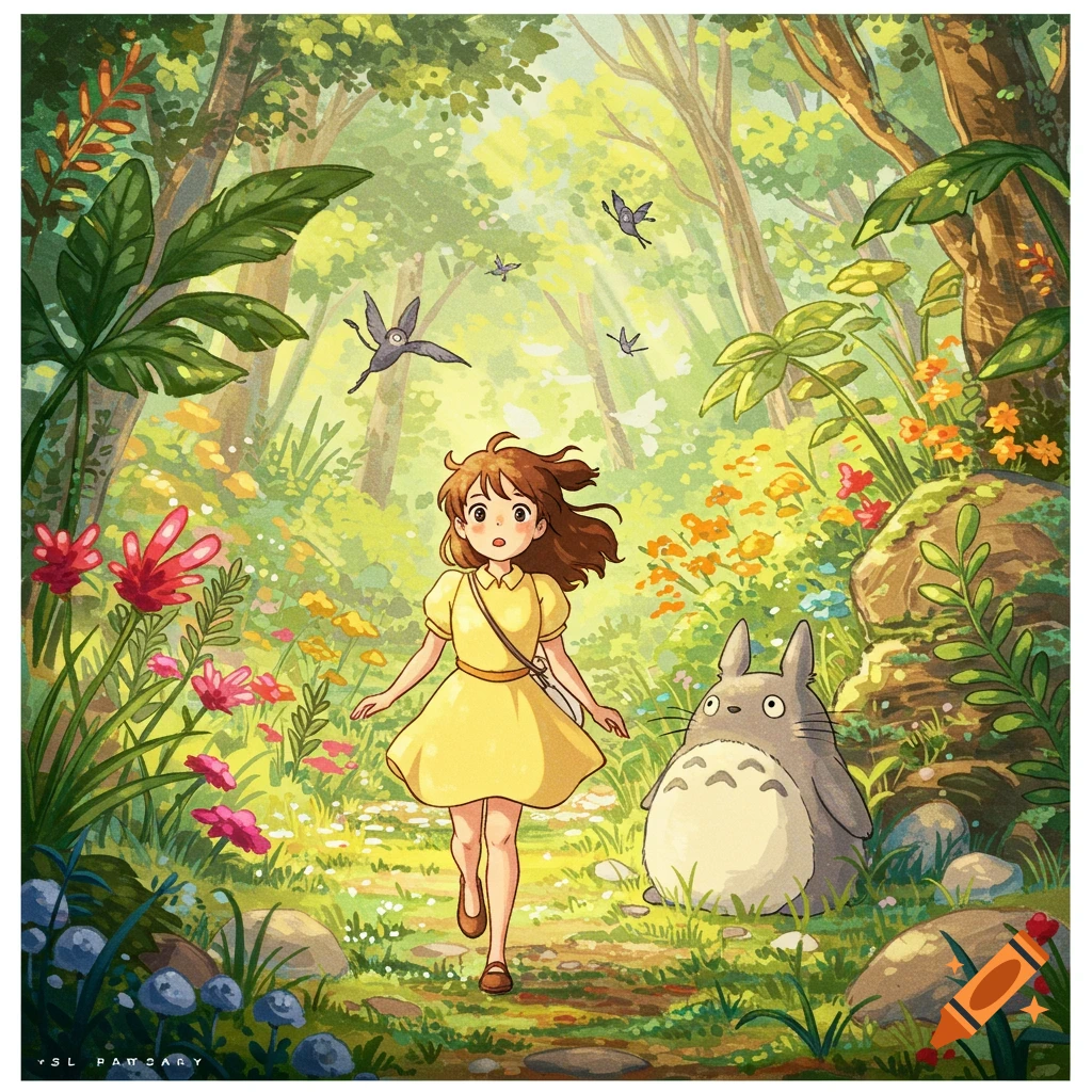 A girl and a large forest spirit resembling Totoro walk through a bright, flowery forest. Animated Ghibli style.