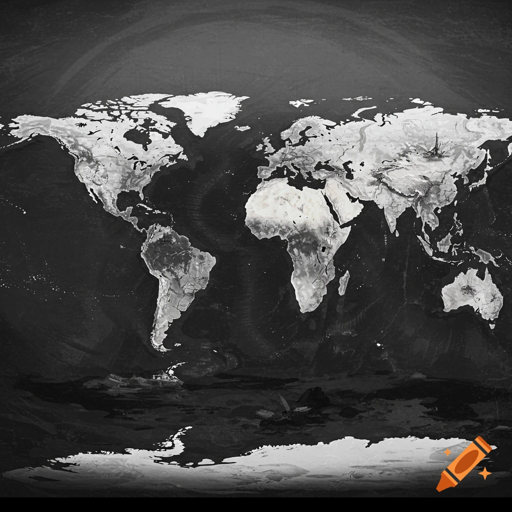 Monochrome world map with textured background.