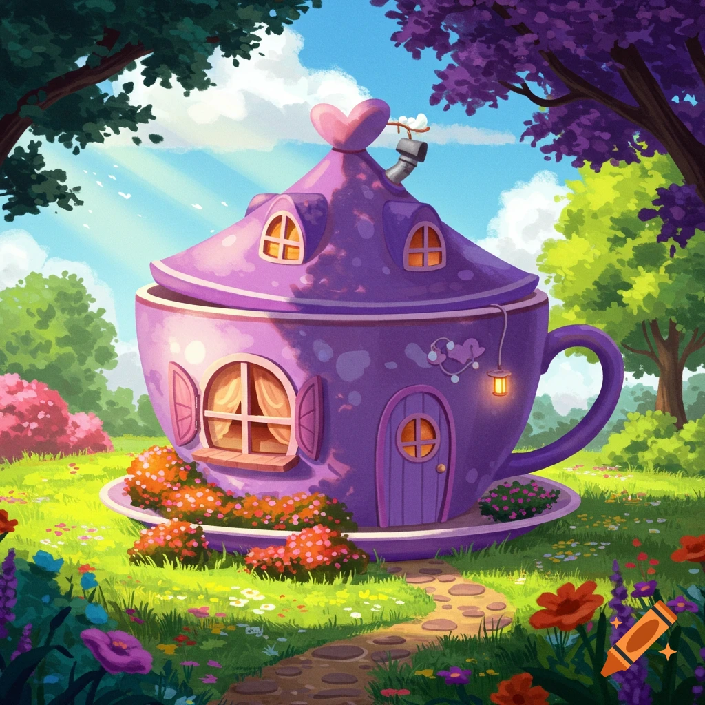 A purple house shaped like a teacup in a sunny fantasy landscape with flowers and trees.