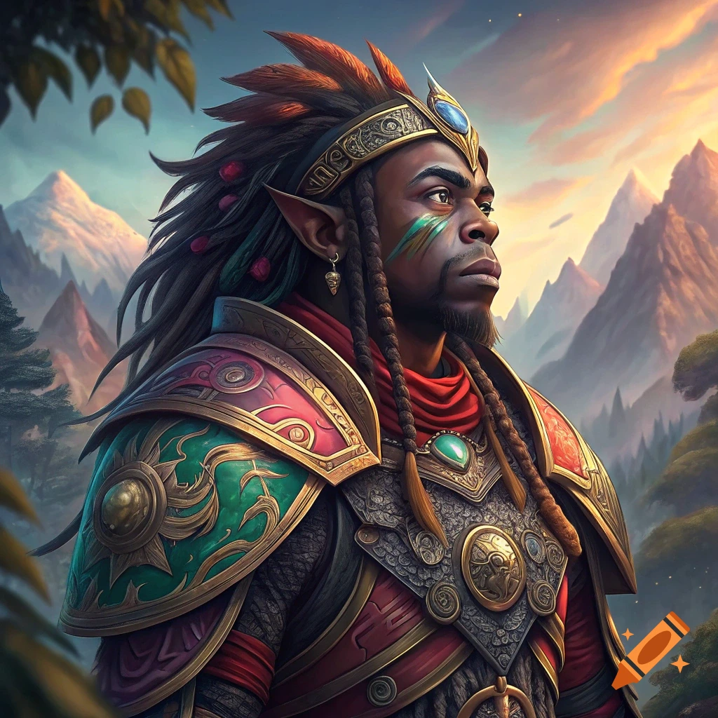 Fantasy portrait of a character in elaborate armor and feathered headdress against a mountain backdrop.