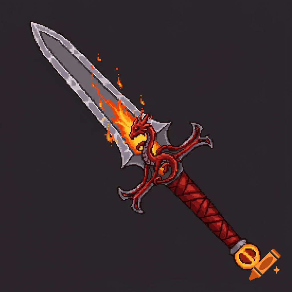 Pixel art fantasy sword with a dragon guard and fiery blade.