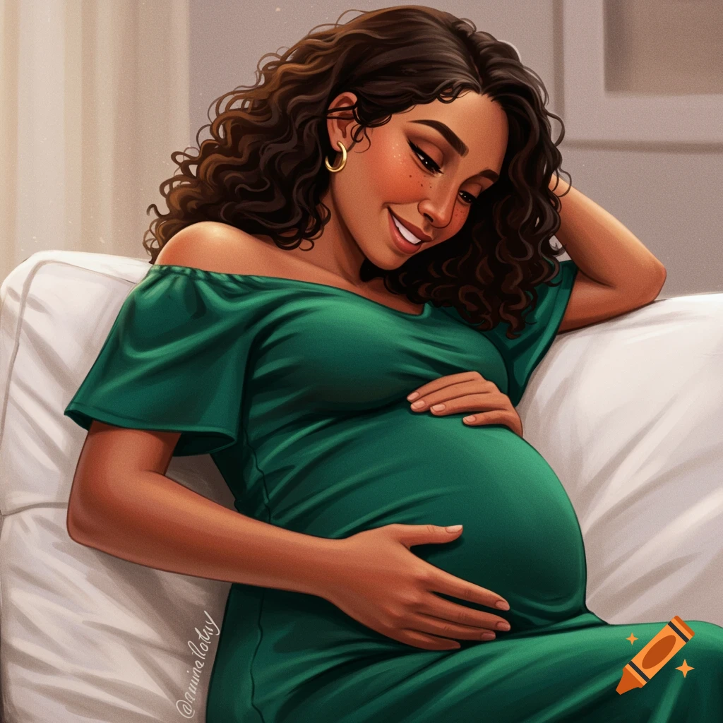 A pregnant woman in a green dress is holding her belly while sitting on a sofa.