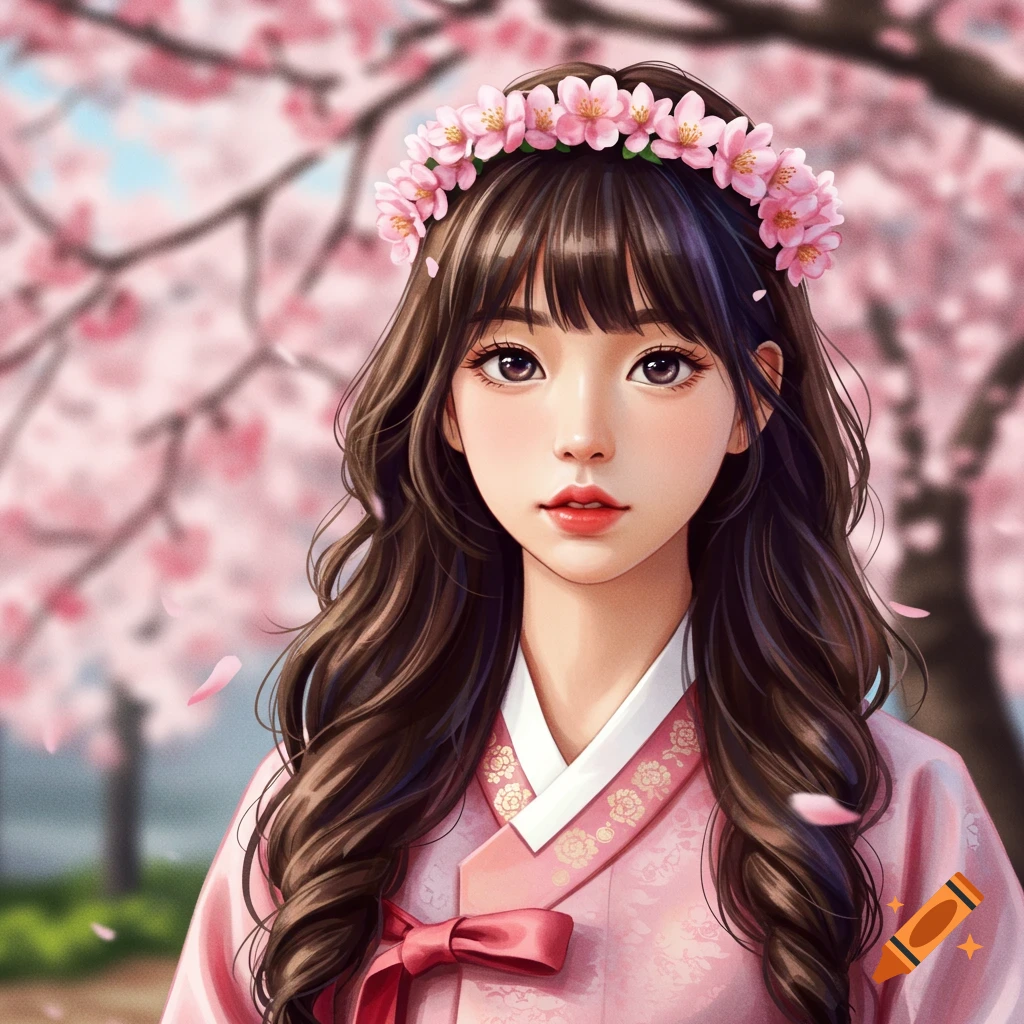 A young woman in pink Hanbok and flower crown stands among cherry blossoms.