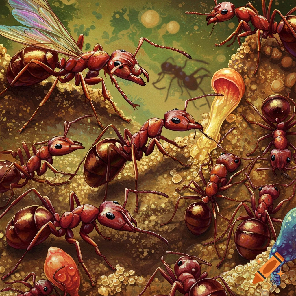 Numerous red ants on rough terrain, some winged.