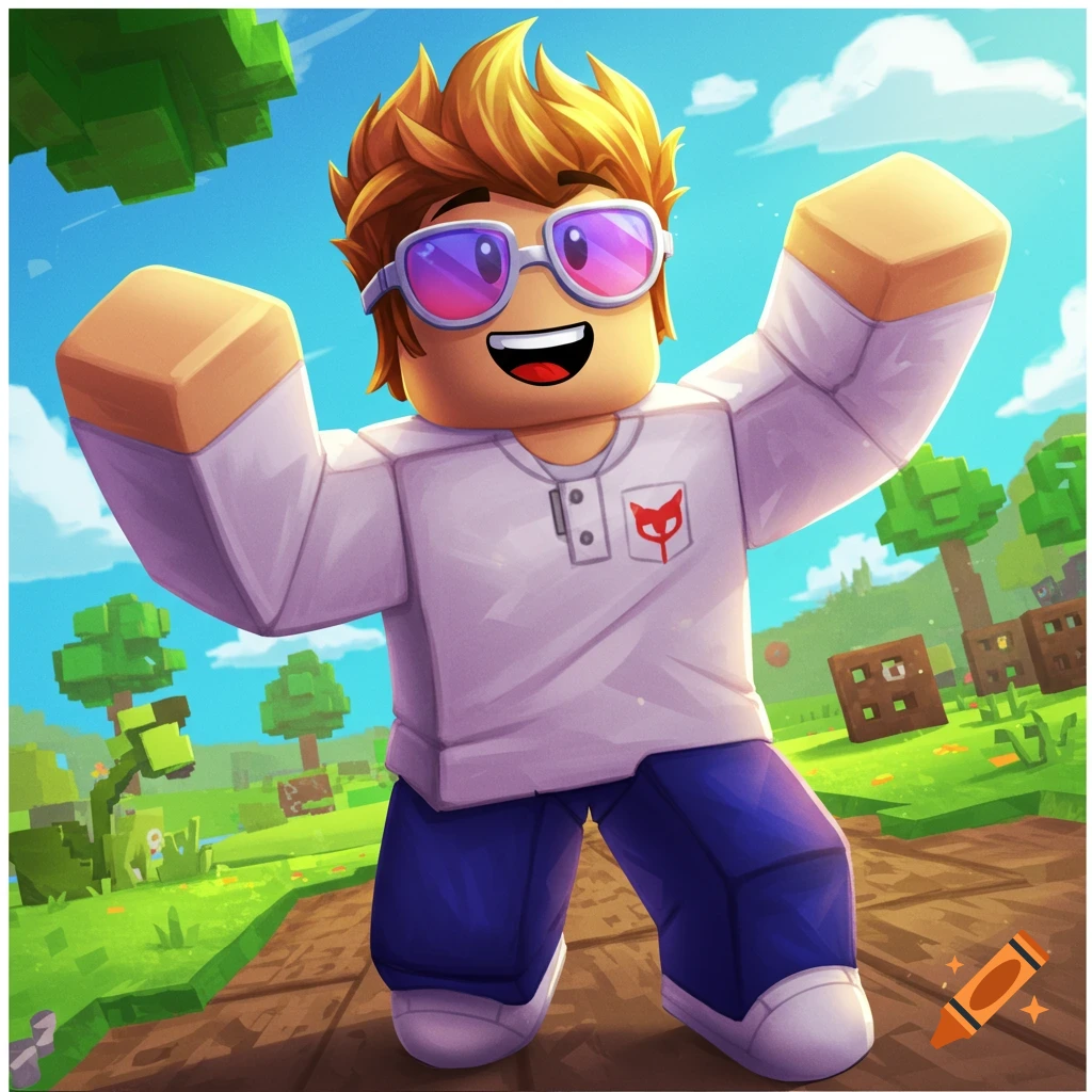 A blocky character similar to Roblox or Minecraft, wearing sunglasses and raising arms in a pixelated landscape.