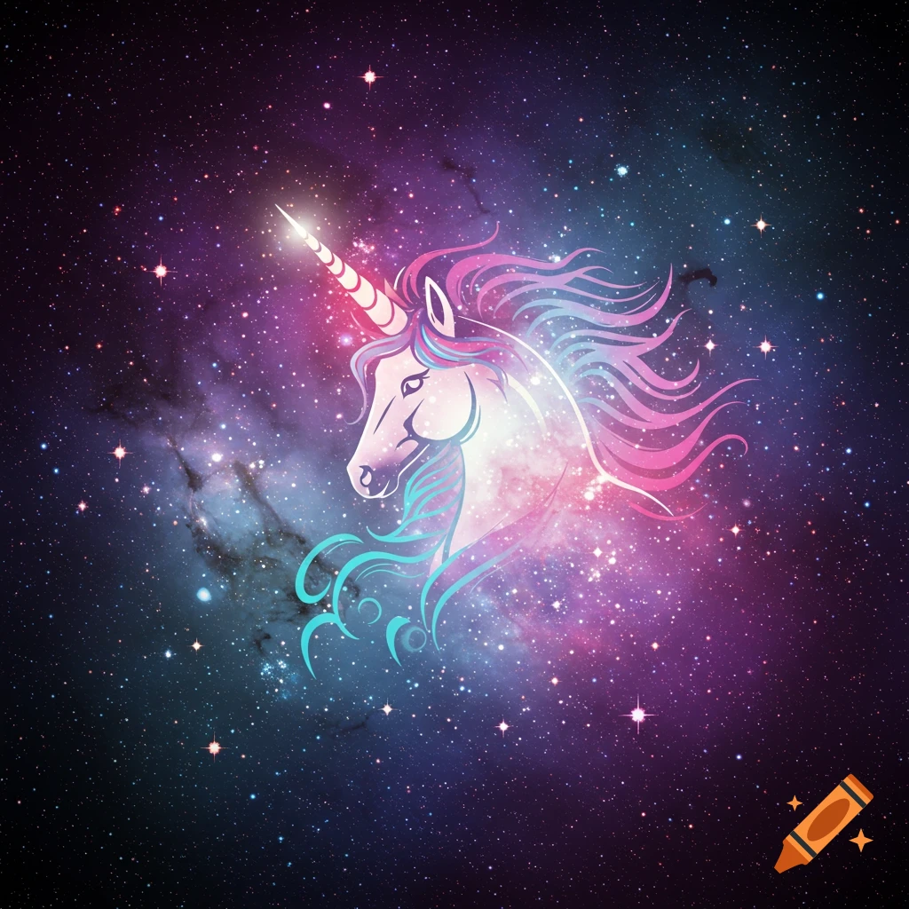 A colorful unicorn head in a vibrant galaxy with stars and nebulae.