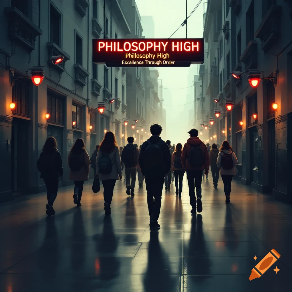 People walk down a street or hallway under a sign that reads "Philosophy High".