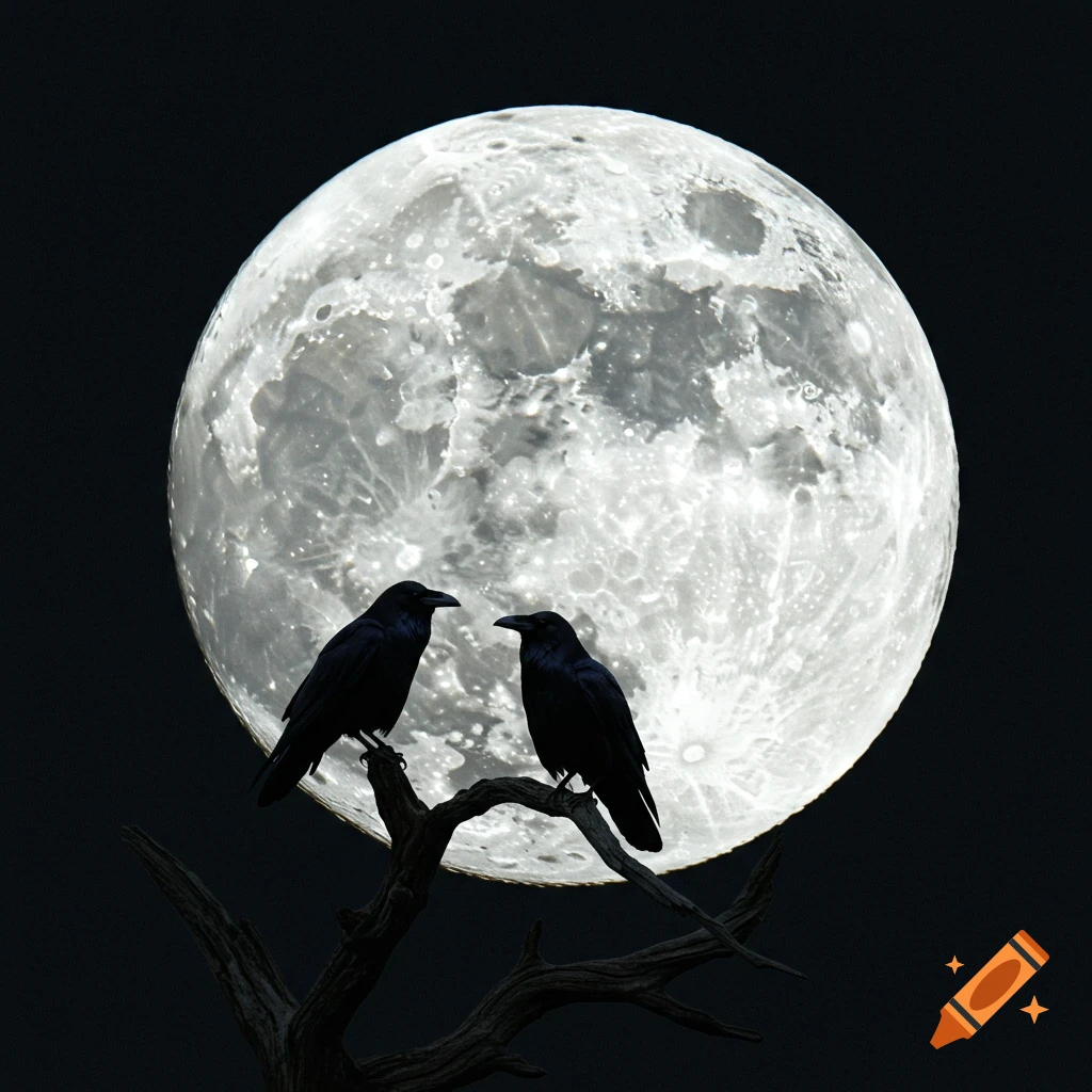 Two ravens perch on a branch in front of a large full moon.