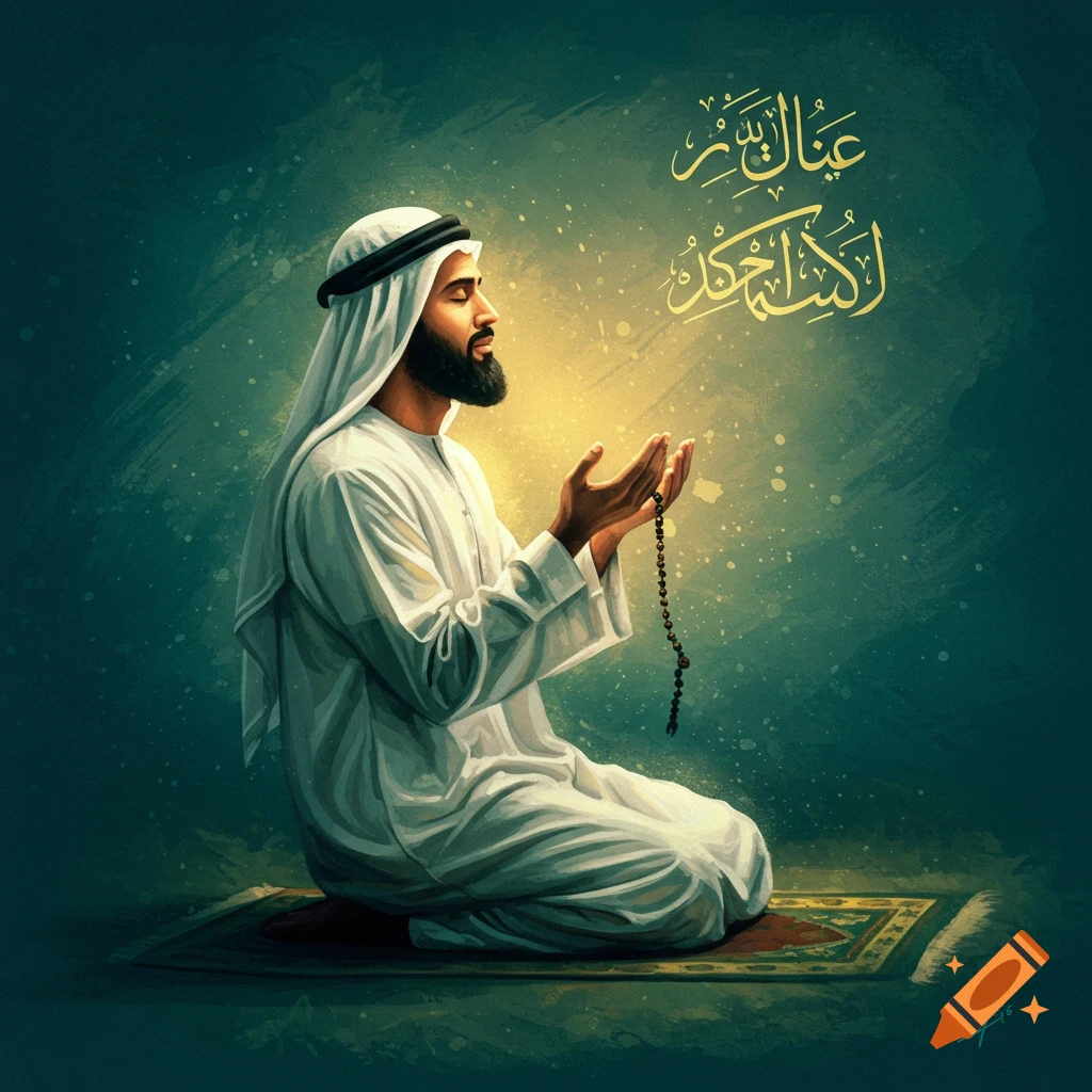 A man in traditional clothing is praying on a mat, holding prayer beads.