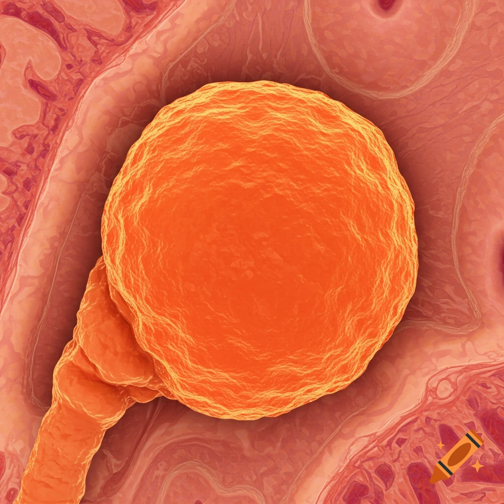 Microscopic image of an orange polyp attached to pink tissue.