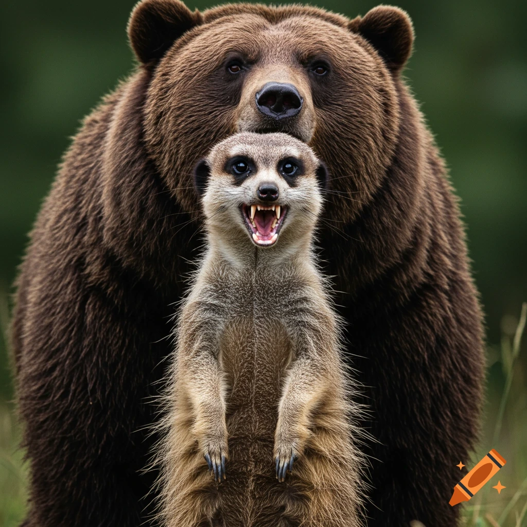 Close-up photorealistic portrait of a roaring meerkat standing in front of a brown bear in a field.