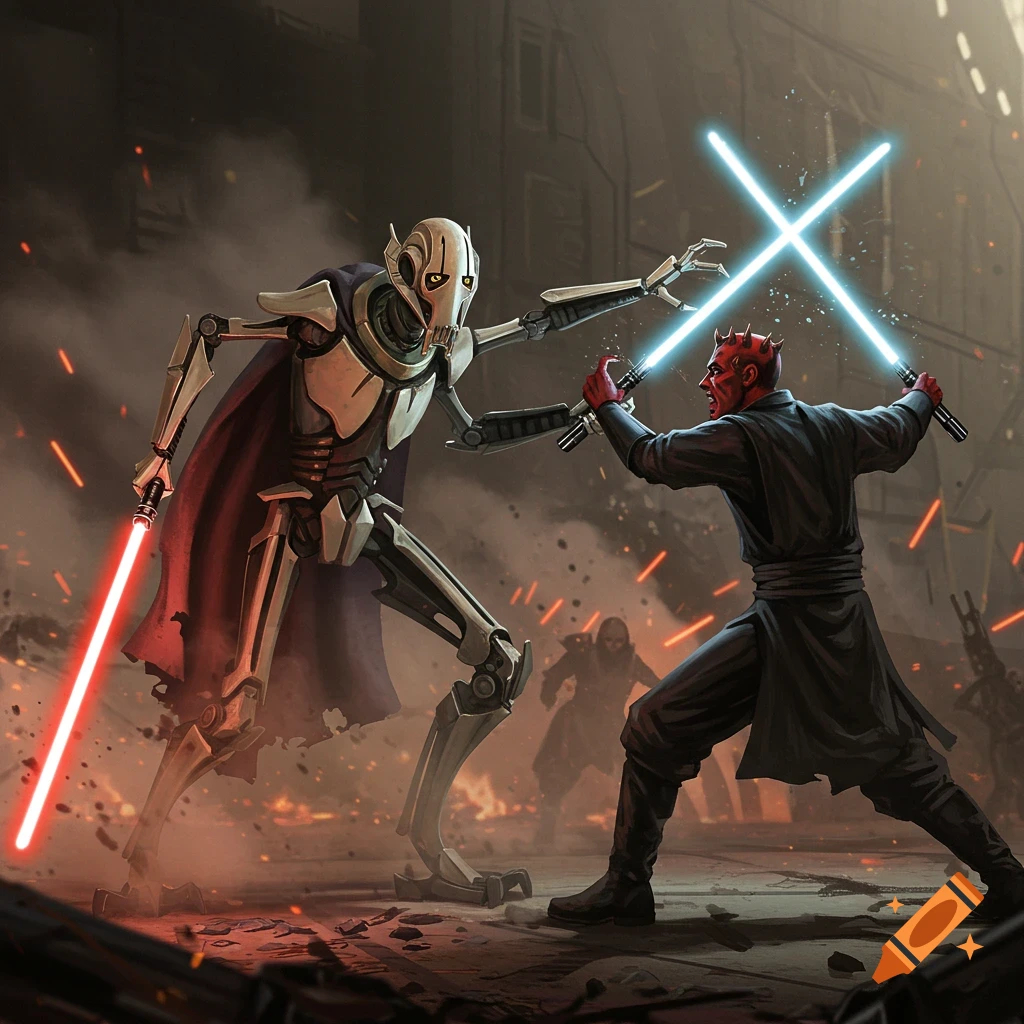 General Grievous fights Darth Maul with lightsabers.