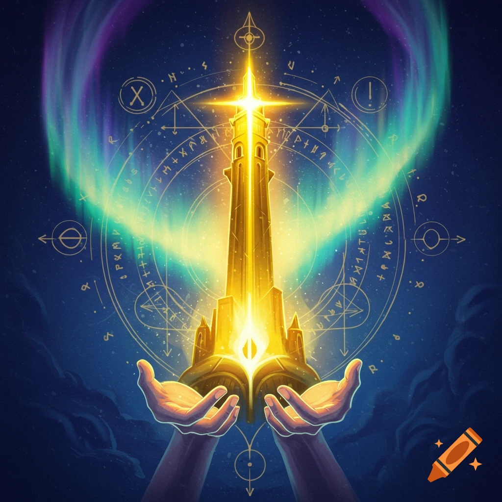 Hands holding a glowing tower surrounded by luminous symbols and aurora against a dark sky.