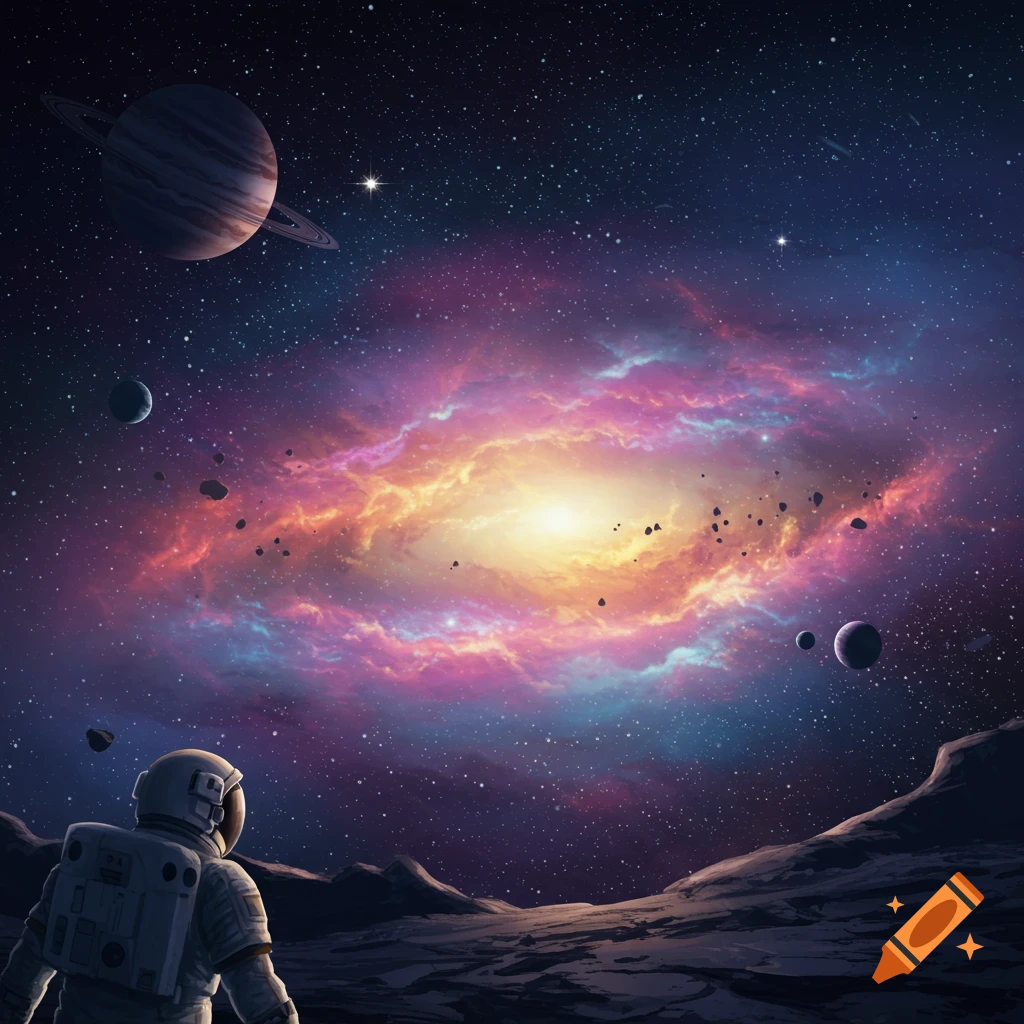 An astronaut on a planet surface looking at a colorful nebula and planets in space.