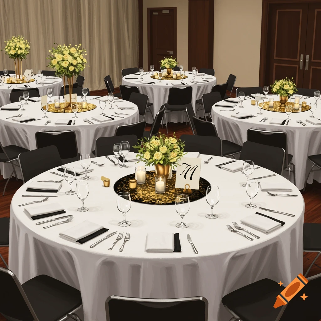 A room with round tables set for an event, featuring white tablecloths, black chairs, and gold/yellow floral centerpieces.