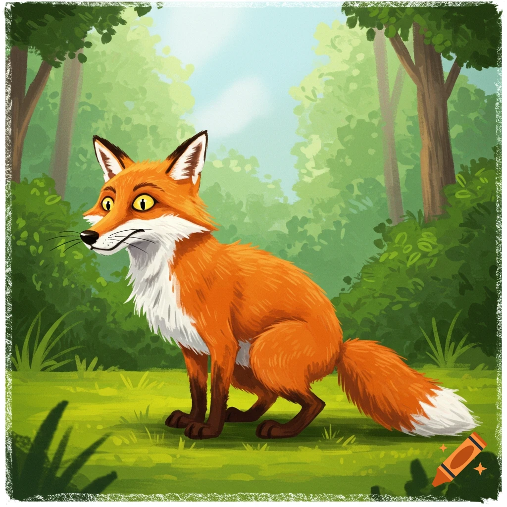 A cartoon red fox sits in a sunny forest clearing.