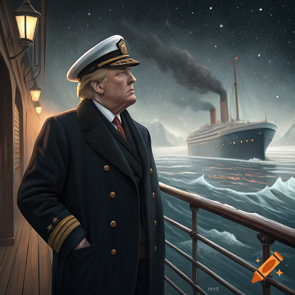 Illustration of Donald Trump in a captain's uniform on a ship deck looking at a ship like the Titanic in the distance