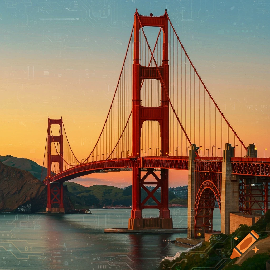 The Golden Gate Bridge at sunset with a circuit board overlay.