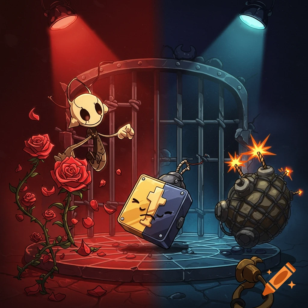 Cartoony illustration of a skeletal figure, bomb character, and exploding bomb near a cage with roses under red and blue lights.