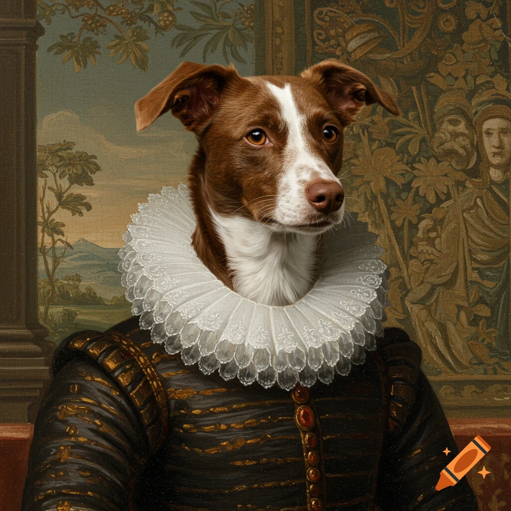 Renaissance-style portrait painting of a brown and white dog in a ruff collar.