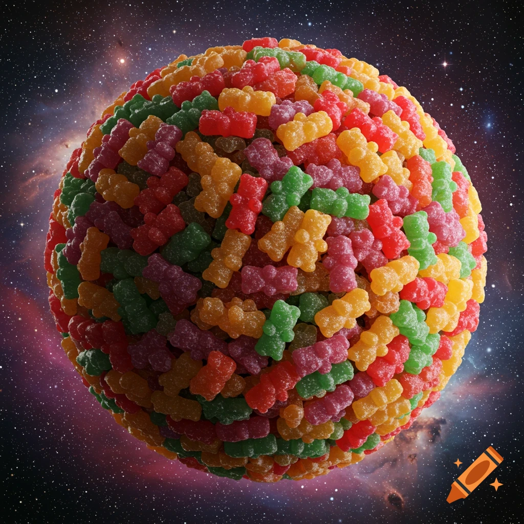A sphere covered in colorful gummy bears floating in space.