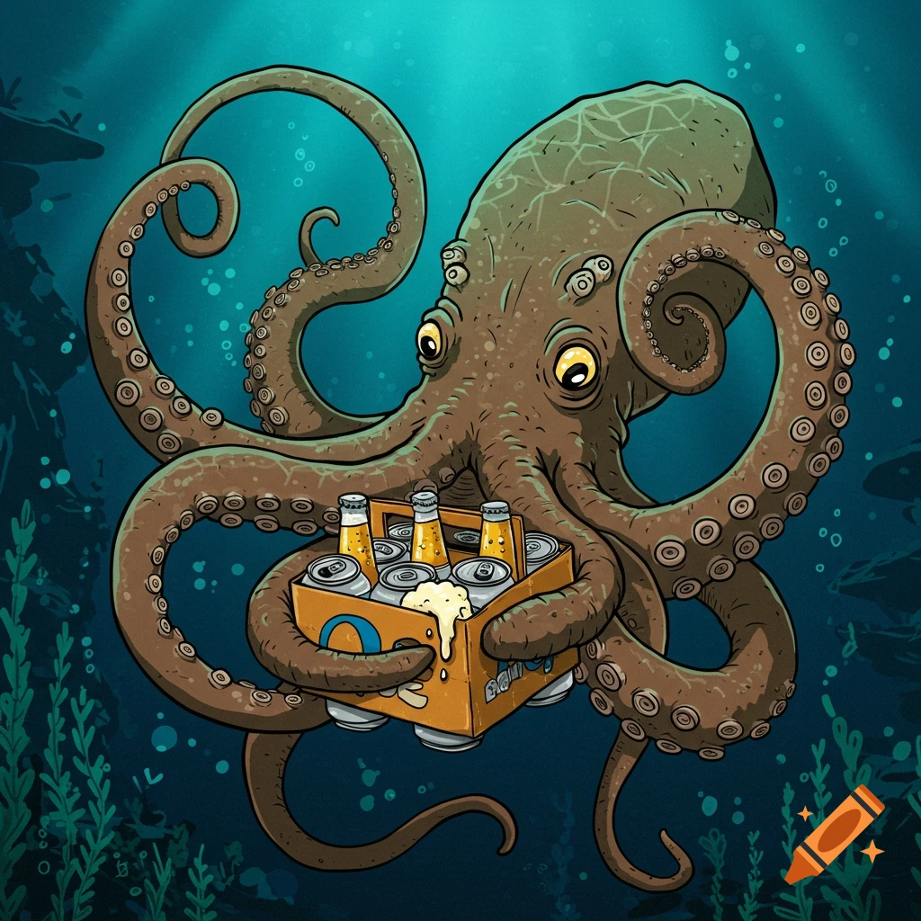Illustration of an octopus underwater holding a box of beer cans.