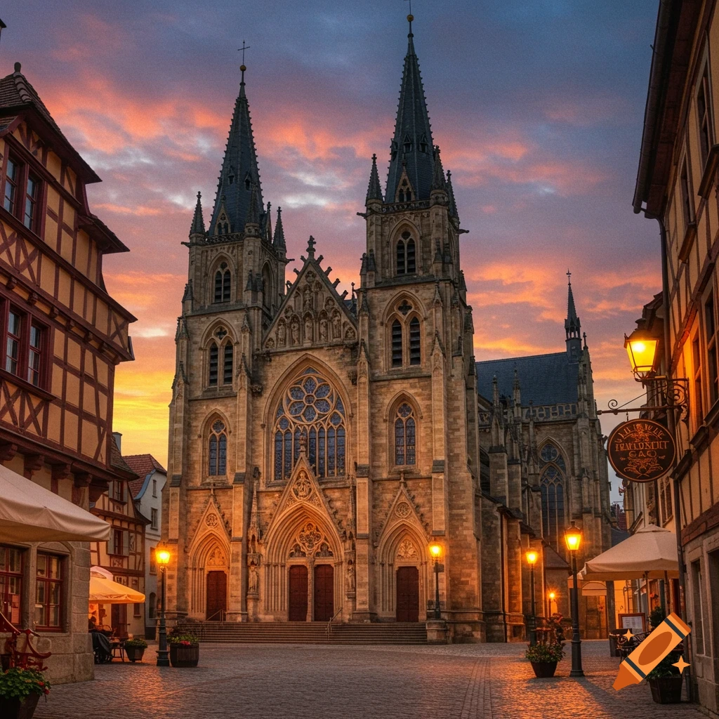 A grand stone church with spires stands in a cobblestone square, surrounded by old buildings at sunset.