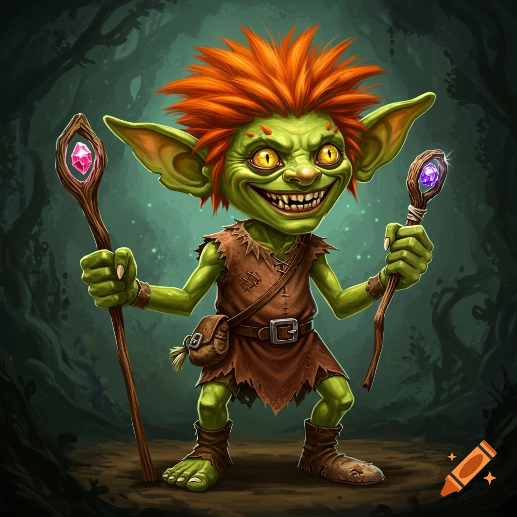 a grinning goblin with orange hair holding staffs with gems in a forest