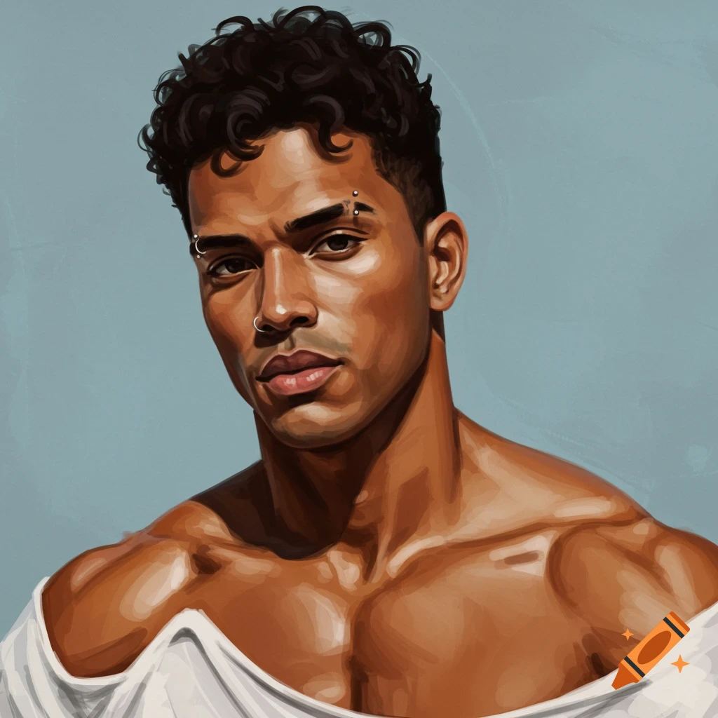 Portrait of a buff man with dark curly hair, eyebrow and nose piercings, wearing a white shirt.