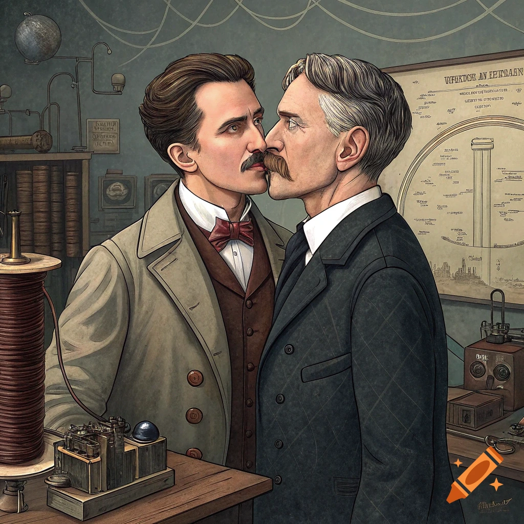 Nikola Tesla and Thomas Edison kissing in a laboratory.
