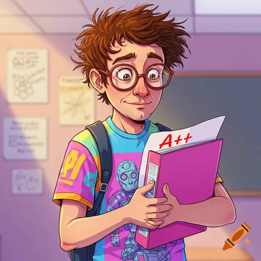 Cartoon illustration of a happy nerdy student holding a paper with an A++ grade.