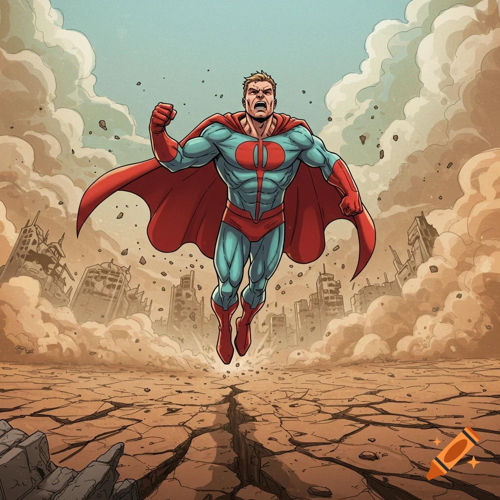 A comic art style image of a superhero flying over a destroyed city.