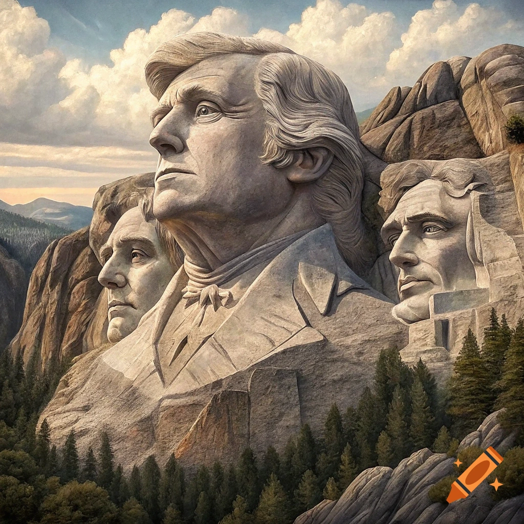 Sculpted faces resembling Donald Trump on a mountain, in the style of Mount Rushmore.