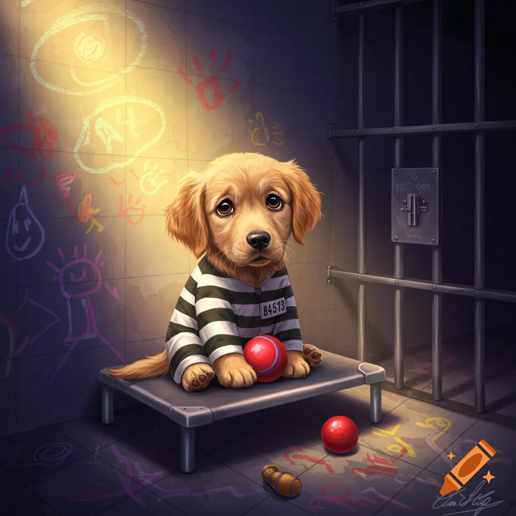 A golden retriever puppy in a striped prison uniform sitting in a jail cell with chalk drawings.