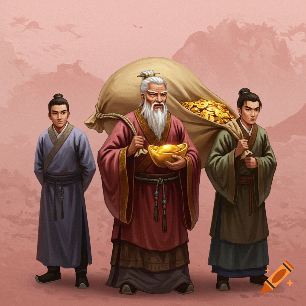 Three ancient Chinese men are carrying a bag of gold with mountains in the background.