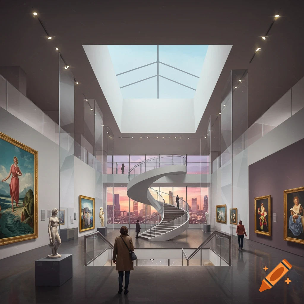 A modern museum interior with a spiral staircase, artwork, and large windows overlooking a city skyline.