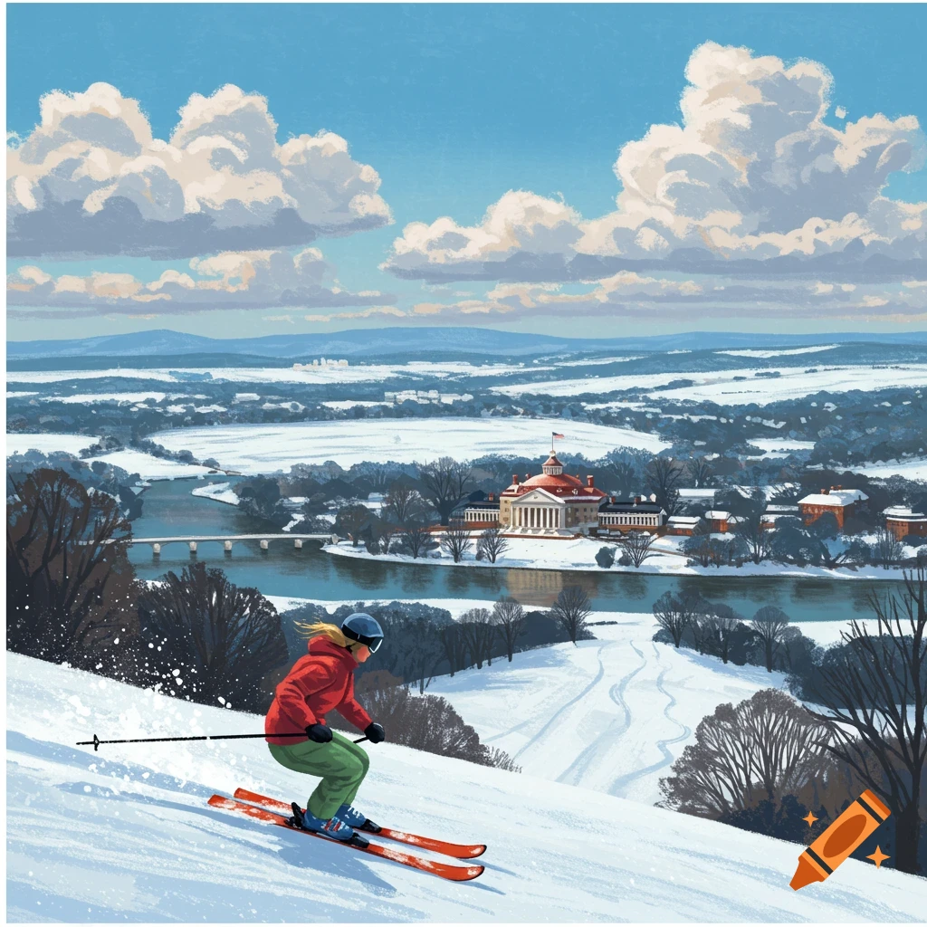 A person downhill skiing with Mount Vernon and the Potomac River in a snowy landscape