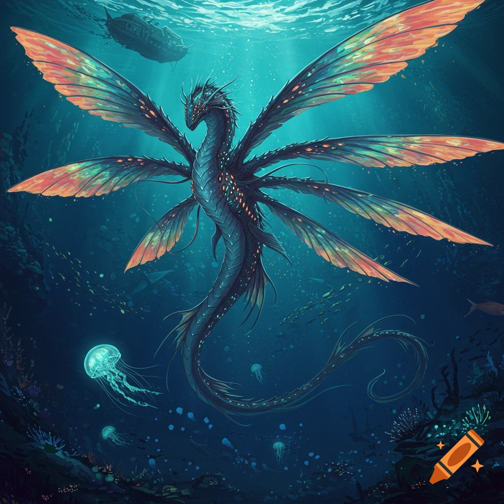 A large aquatic dragon with six wings swims underwater with jellyfish.