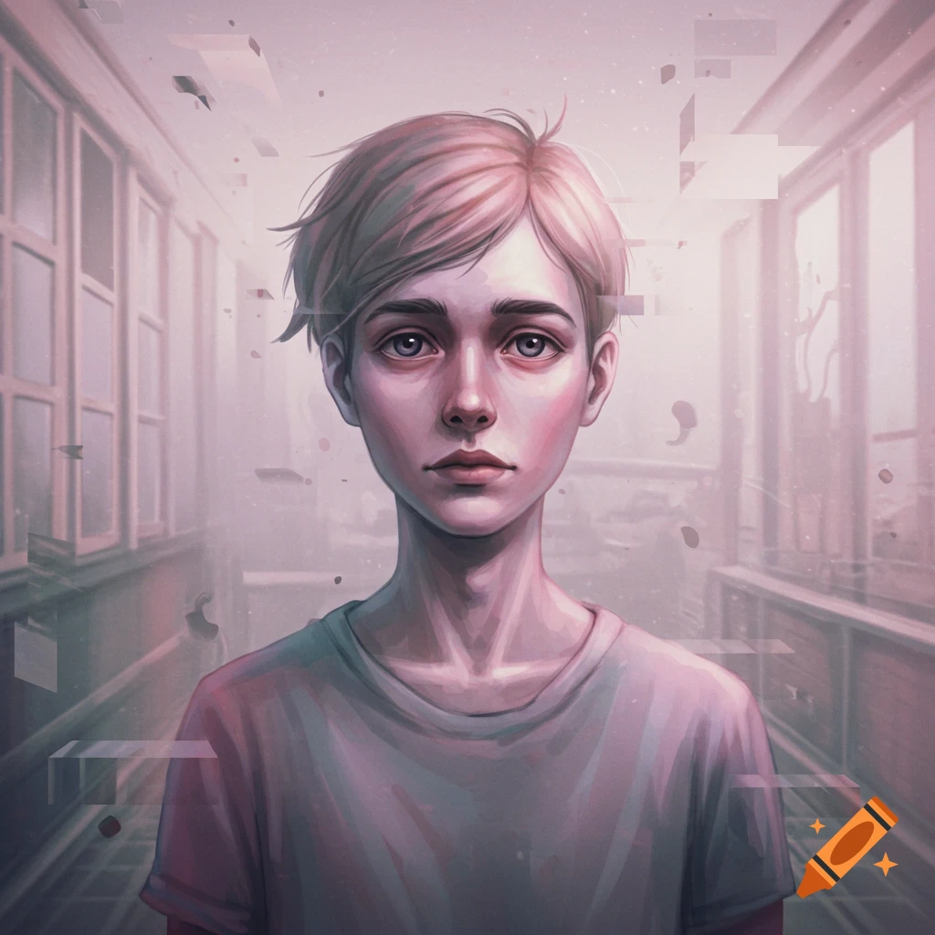 Portrait of a young person in an abstract, distorted setting.