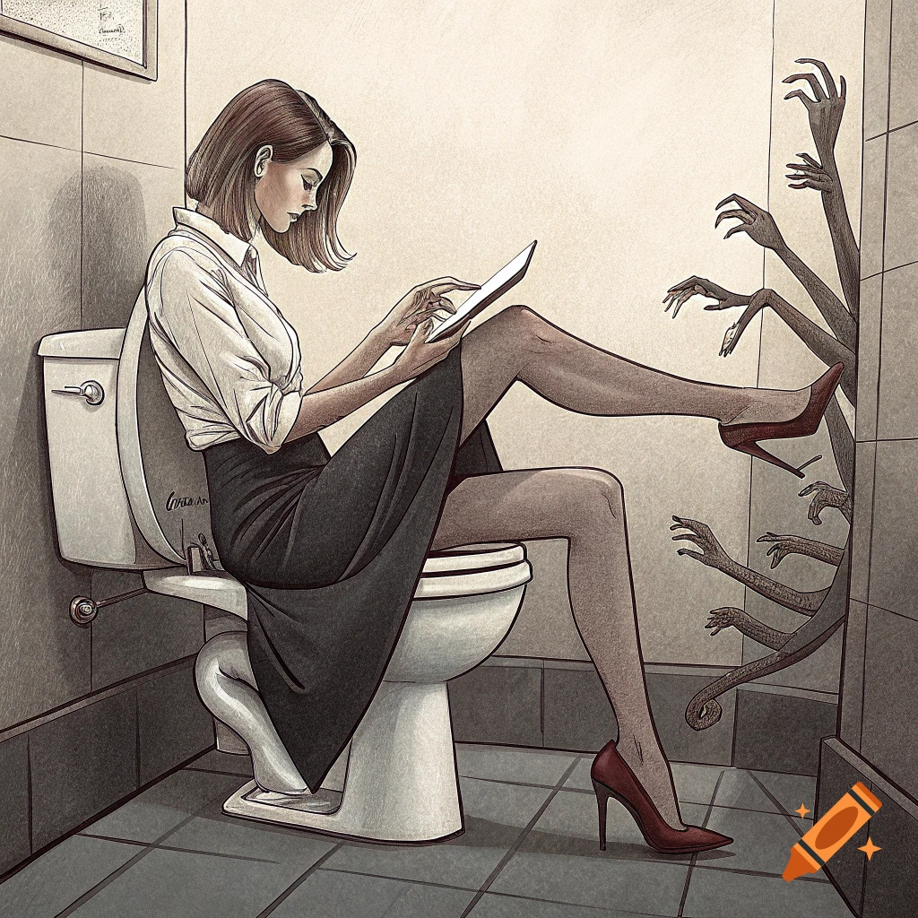 Illustration of a woman sitting on a toilet looking at a tablet, with multiple creepy hands reaching from the wall.